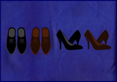 Black and brown men's and women's shoes on a blue leather background