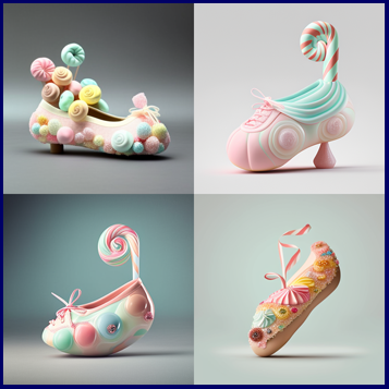 Tacky Midjourney schoenontwerp ai ShoeConsultant_realistic_ballet_pump_candy_decoration