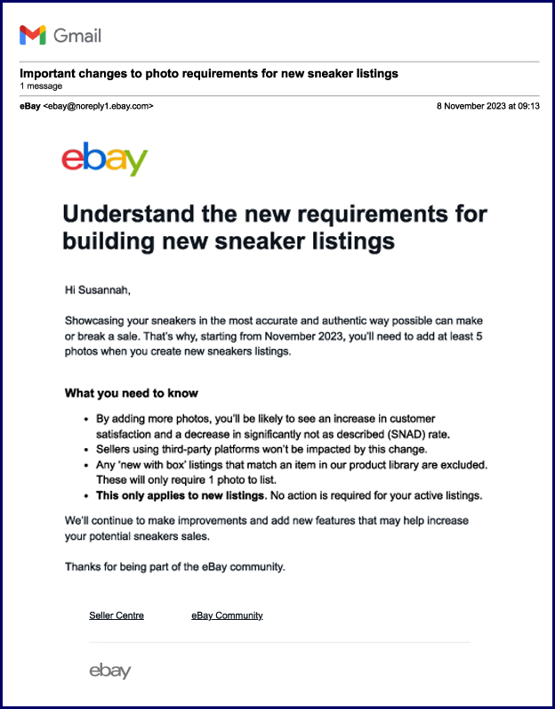 Ebay's new requirements for sneaker listings email