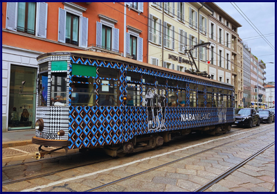 Decorated fashionable tram in Milan NaraMilano branding